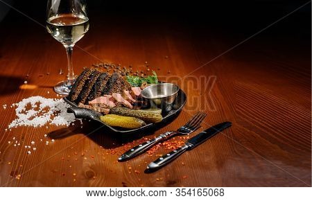 Ham With Bread And Pickles On A Plate.top View