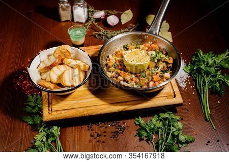 Beef Stew, Goulash In Cast Iron Pan.