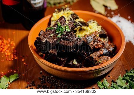 Rusks With Cheese, Leek, Sauce On A Wooden Old Table