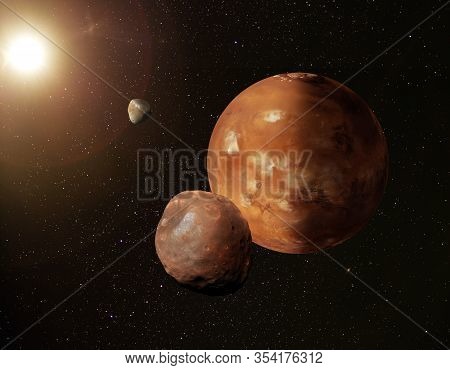 Illustration Of Planet Mars In Starry Space With Its Moons Phobos And Deimos.