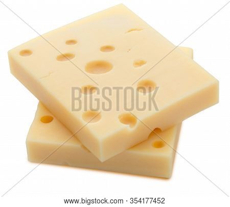 Two Portions (blocks) Of Emmental Swiss Cheese. Texture Of Holes And Alveoli. Isolated On White Back