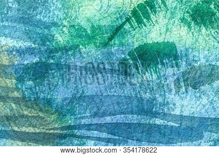 Abstract Art Background Navy Blue And Green Colors. Watercolor Painting On Canvas With Emerald Stain