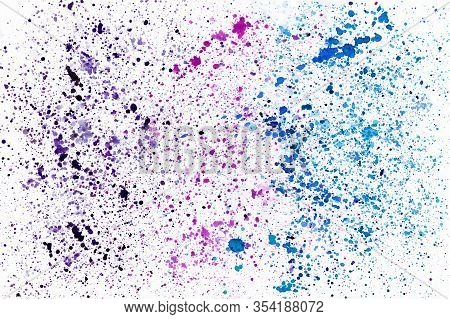 On A White Background Sprayed With Watercolor Paint Colored Drops. The Paints Are Real.