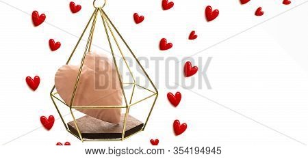 The Red Small Hearts Overflow Around The Pink Heart Enter The Gold Cage, And Fly Upwind.on White Bac
