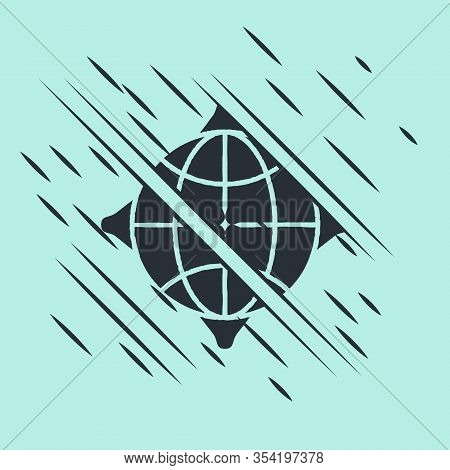 Black World Globe With Compass Icon Isolated On Green Background. Glitch Style. Vector Illustration