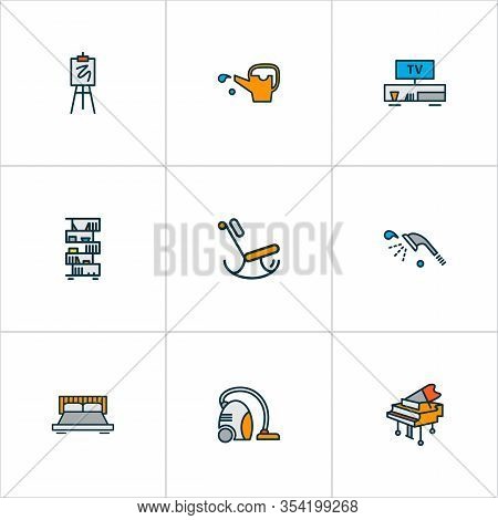 House Icons Colored Line Set With Rocking Chair, Grand Piano, Double Bed Television Elements. Isolat