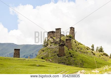 Watchtower Made Of Shale Stone. Kvemo (upper) Omalo In Georgian Caucasus In Tusheti Region