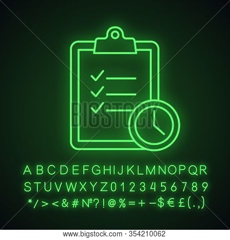 Time Management Neon Light Icon. Glowing Sign With Alphabet, Numbers And Symbols. Task Planning. Dea