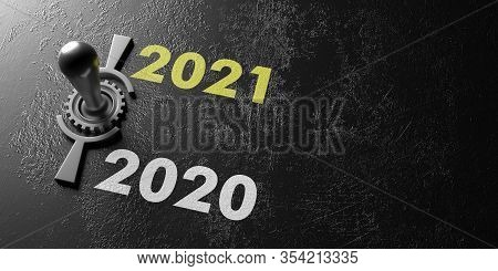 2021 2020 New Year Change Concept. Retro Electric Control Switch Against Old Industrial Black Backgr