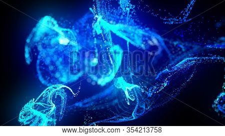 Injection Of Fluorescent Ink In Water Isolated On Black Background. 3d Render Of Glow Particles Or S