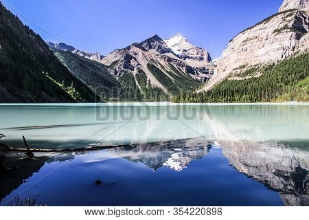 Beautiful Reflection Of Mount Robson In The Lake. Jasper National Park, Canadian Rockies, Canada