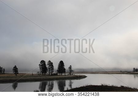 Some Trees Reflecting In The Water In The Morning Fog In Yellowstone National Park