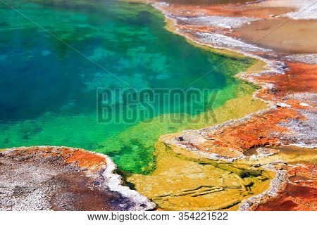 Rainbow Colors In Grand Prismatic Spring Close-up, Yellowstone National Park, Wyoming, Usa
