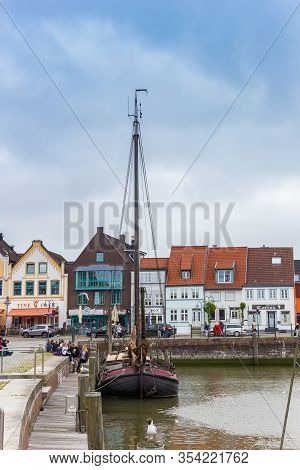 Husum, Germany - June 27, 2019: Old Wooden Sailing Ship In The Harbor Of Husum, Germany