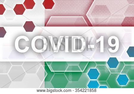 Madagascar Flag And Futuristic Digital Abstract Composition With Covid-19 Inscription. Coronavirus O