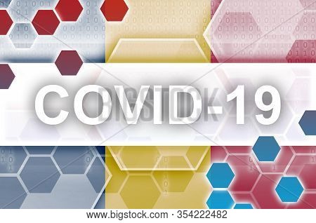 Chad Flag And Futuristic Digital Abstract Composition With Covid-19 Inscription. Coronavirus Outbrea