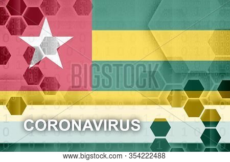 Togo Flag And Futuristic Digital Abstract Composition With Coronavirus Inscription. Covid-19 Outbrea