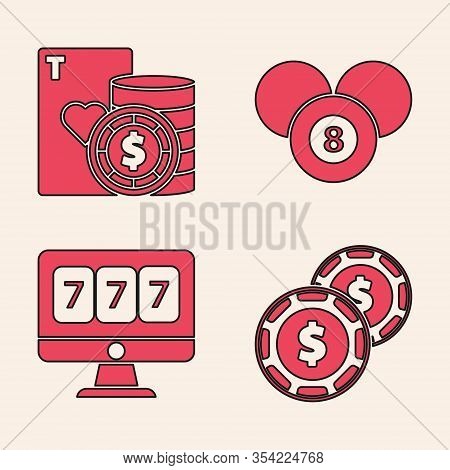 Set Casino Chip With Dollar, Casino Chip And Playing Cards, Billiard Pool Snooker 8 Ball And Online 