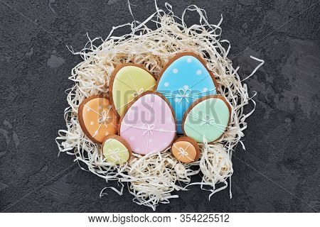 Gingerbread Cookies In Shape Of Eggs And Easter Bunny. Happy Easter Holiday Background Concept. Whit
