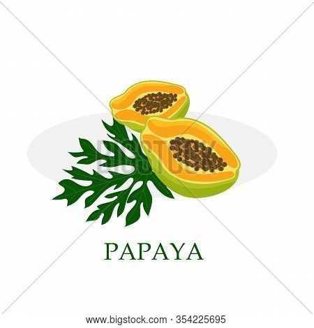 Juicy Exotic Papaya Fruit, Its Halves And Leaves Isolated On A White Background.