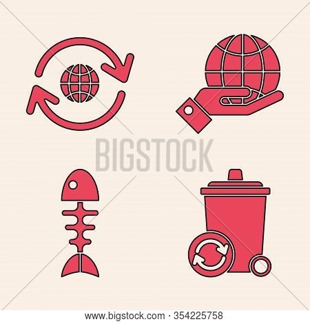 Set Recycle Bin With Recycle Symbol, Planet Earth And A Recycling, Human Hands Holding Earth Globe A
