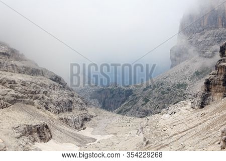 Mountain Alps Panorama In Brenta Dolomites With Alpine Hut Rifugio Tuckett, Italy