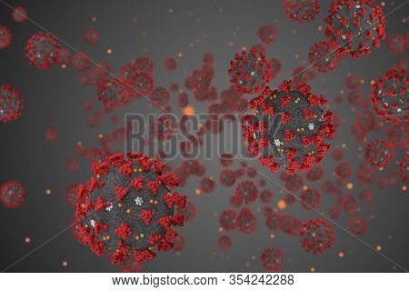 3D Rendering, Coronavirus Cells Covid-19 Influenza Flowing On Grey Gradient Background As Dangerous