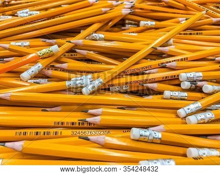 Moscow, Russia - August 23, 2018: Koh-i-noor Yellow Pencils Heap In A Supermarket. Top View. Mobile 