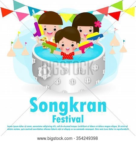 Songkran Festival Concept. Kids Holding Water Gun Enjoying  Splashing Water For Songkran Festival, T