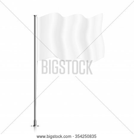 White Flag On A Pole. Vector Flag Mockup. Blank Horizontal Waving Flag, Isolated On A White Backgrou