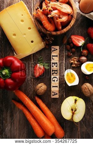 Allergy Food Concept. Allergy Food As Almonds, Milk, Cheese, Strawberry, Seeds, Eggs, Peanuts And .c