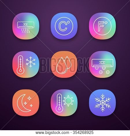 Air Conditioning App Icons Set. Conditioner, Celsius, Fahrenheit, Winter And Summer Temperature, Wat