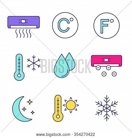 Air Conditioning Color Icons Set. Conditioner, Celsius, Fahrenheit, Winter And Summer Temperature, W