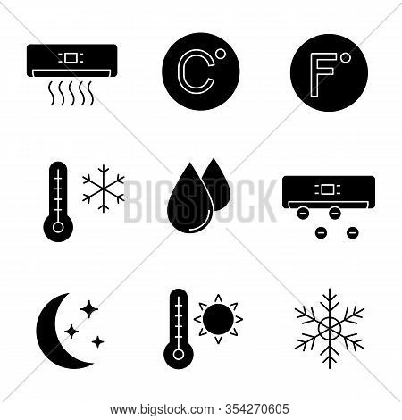 Air Conditioning Glyph Icons Set. Conditioner, Celsius, Fahrenheit, Winter And Summer Temperature, W