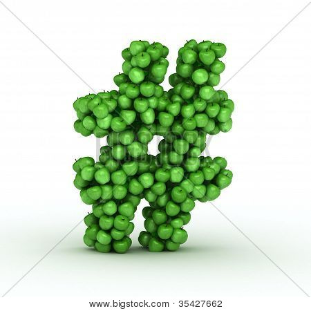 Letter #, from scattered green fresh apples
