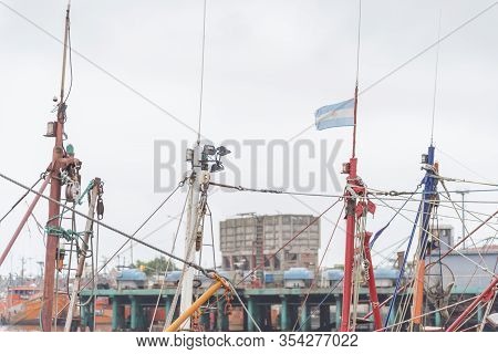 Mar Del Plata, Buenos Aires / Argentina; Feb 1, 2017: Argentine Flag Waving On A Harbor Boat