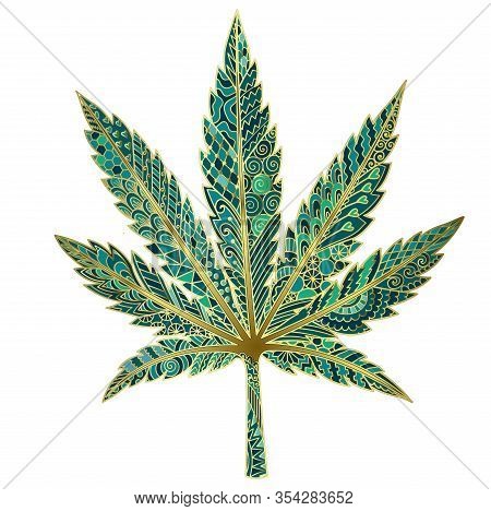 Green Zentangle-inspired Marijuana Leaf Isolated On White Background For Design Element. Vector Illu