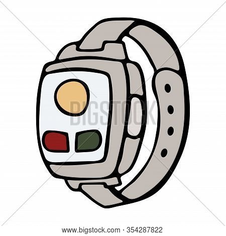 Fitness Tracker Smart Watch With Heart Rate Monitor, Cartoon Doodle Vector Style Design. Modern Styl