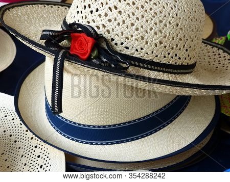 Handmade Panama Straw Hats Or Paja Toquilla Hats Or Sombrero At The Traditional Outdoor Market In Cu