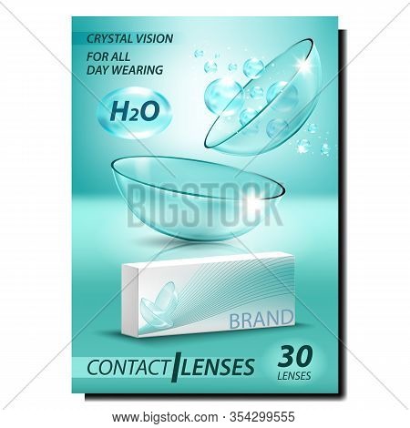 Contact Lenses Creative Advertising Poster Vector. Medical Optical Glass Lenses For Correct Vision, 