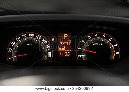 Novosibirsk, Russia -  January 24, 2020: Toyota Ractis, Close Up Instrument Automobile Panel With Od