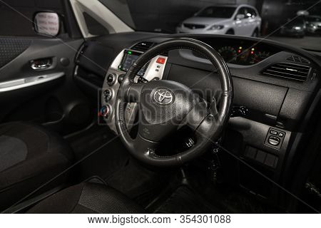 Novosibirsk, Russia -  January 24, 2020: Toyota Ractis, Close-up Of The Dashboard, Player, Steering 