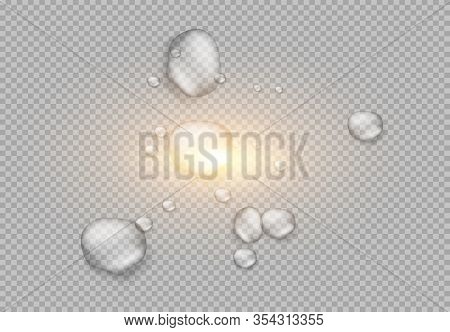 Realistic Drops Pure, Clear Water On Light Gray Background. Clean Drop Condensation Illustration