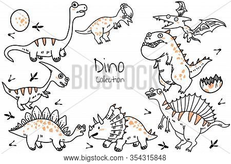 Set Of Cute Cartoon Dinosaurs. Vector Illustration In Doodle Hand Drawn Style For Printing On Fabric