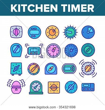 Kitchen Timer Tool Collection Icons Set Vector. Electronic And Mechanical Timer For Measurement And 