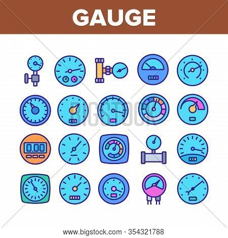 Gauge Meter Equipment Collection Icons Set Vector. Speedometer And Car Fuel Gauge, Gaz Measurement P
