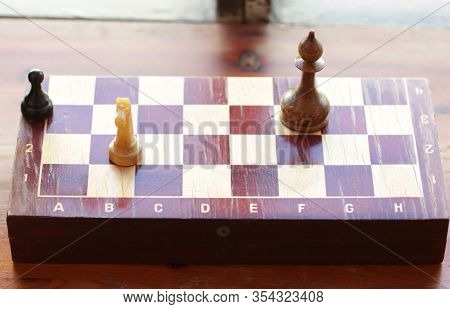 Old Retro Chessboard With Chess Pieces Knight Queen Pawn Pieces Close Up Photo