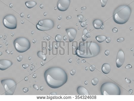 Realistic Drops Pure, Clear Water On Light Gray Background. Clean Drop Condensation Illustration