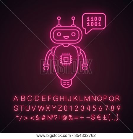 Chatbot Coding Neon Light Icon. Talkbot With Chip Insert. Codebot. Code Writing Virtual Assistant. O