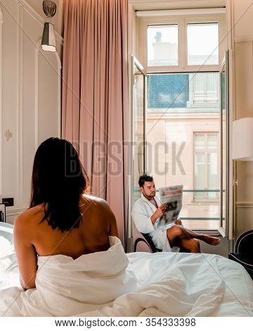 Morning Wake Up In Bed In Paris With Breakfast Coffee And A Newspaper, Couple In Bed Men And Woman H